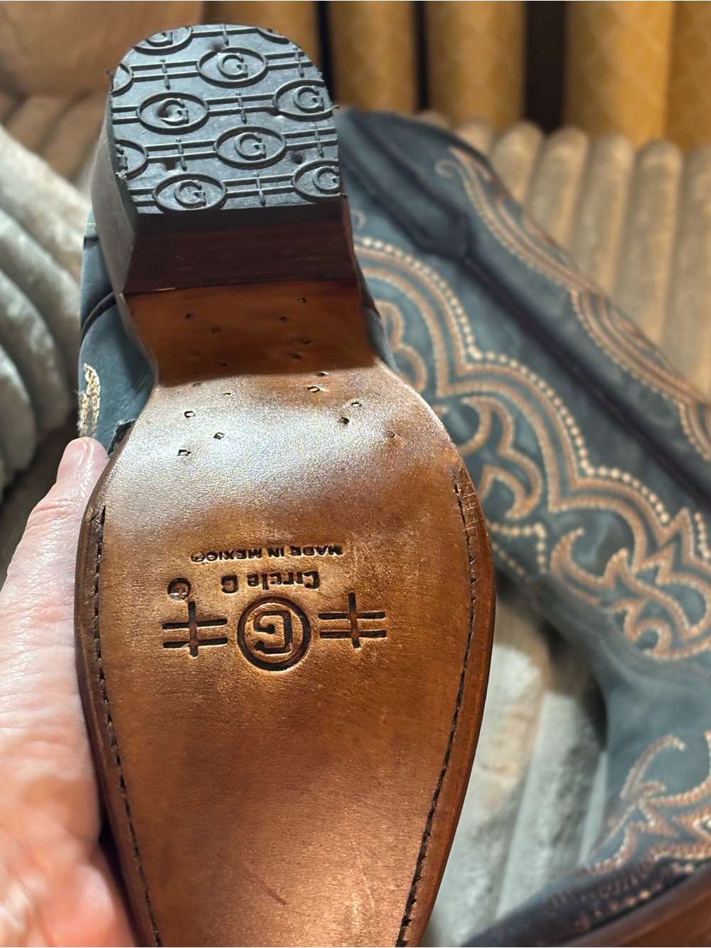 Embroidered Western Leather Cowboy Boots - Blue with Tan Stitching- Circle G - Picture 6 of 7